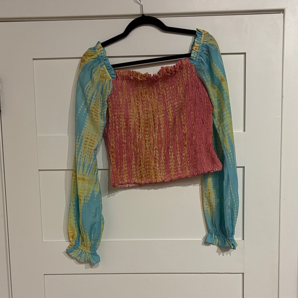 Anthropologie Pink and Blue Smocked Blouse